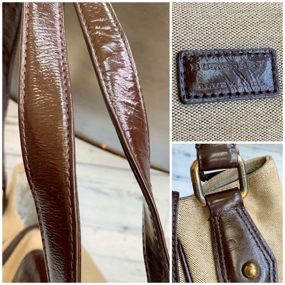 Authentic Burberry Blue Label Beige Buckle Canvas Chocolate Patent  Leather Bag - Picture 7 of 13
